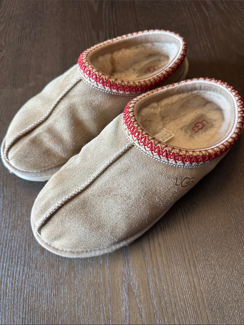 UGG  Tan Suede Slip-On Slippers with Red Trim